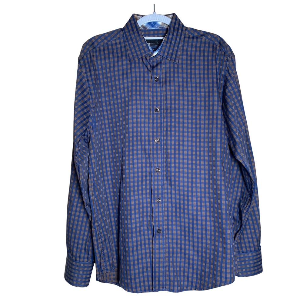 Quieti Button Down Shirt Mens Medium‎ Blue Brown Check Fine Cotton NWOT